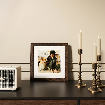 Wooden Photo Frame Displaying Person And Cat Picture With Brass Candle Holders And Radio 3d model