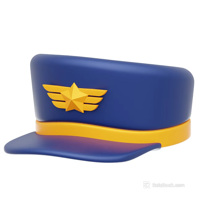 Blue Military Style Hat With Yellow Star Wings And Brim Accents 3d model 