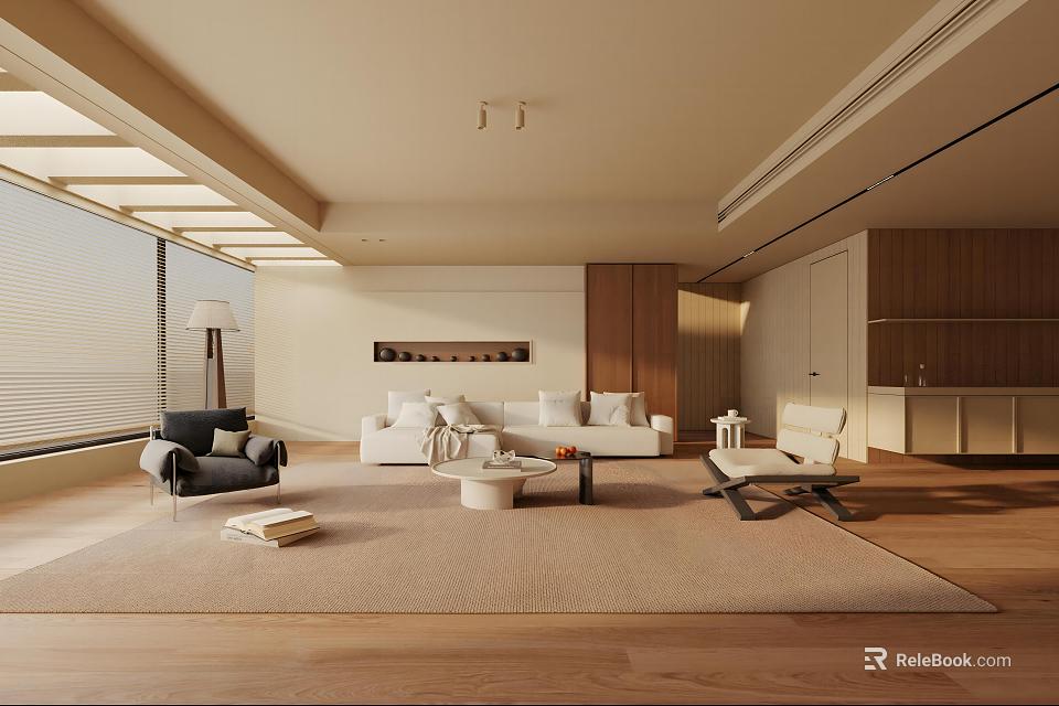 Modern Living Room Interior Design With White Sofa Neutral Rug And Wooden Accents 3d model 