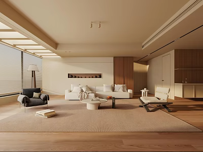 Modern Living Room Interior Design With White Sofa Neutral Rug And Wooden Accents 3d model