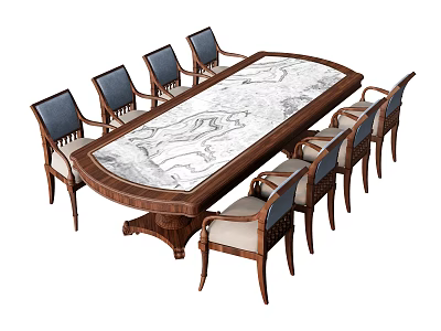 Oval Dining Table Set With Marble Tabletop Wooden Frame And Eight Upholstered Chairs 3d model