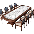 Oval Dining Table Set With Marble Tabletop Wooden Frame And Eight Upholstered Chairs