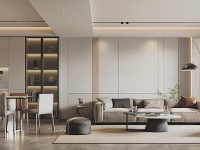 Modern Living And Dining Room Interior With Beige Sofa Coffee Table Dining Table And Chairs 3d model