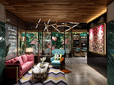 Elegant Restaurant Interior With Wooden Ceiling Green Plant Decor And Colorful Furniture 3d model
