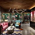 Elegant Restaurant Interior With Wooden Ceiling Green Plant Decor And Colorful Furniture