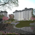 Modern Residential Building With Lush Greenery Pond Reflection And Trees In Garden