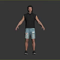Man In Hooded Sleeveless Top And Distressed Denim Shorts With Sneakers Standing Against Gray Background