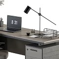 Modern Office Desk With Grey Cabinets Rolling Chair Lamp Laptop And Calendar