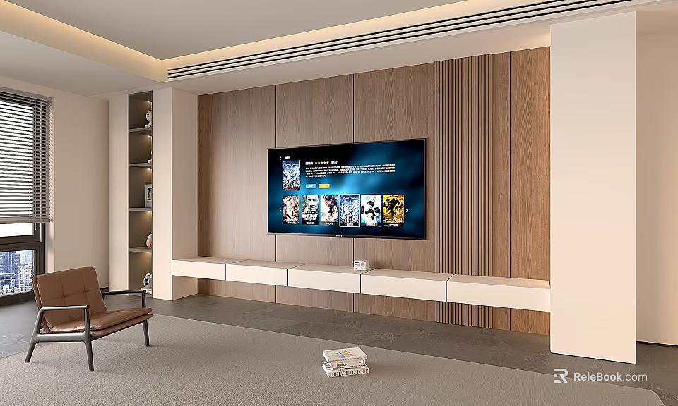 Modern Living Room TV Stand With Wooden Wall And Mounted TV Storage Cabinets 3d model 
