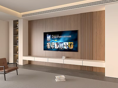 Modern Living Room TV Stand With Wooden Wall And Mounted TV Storage Cabinets 3d model