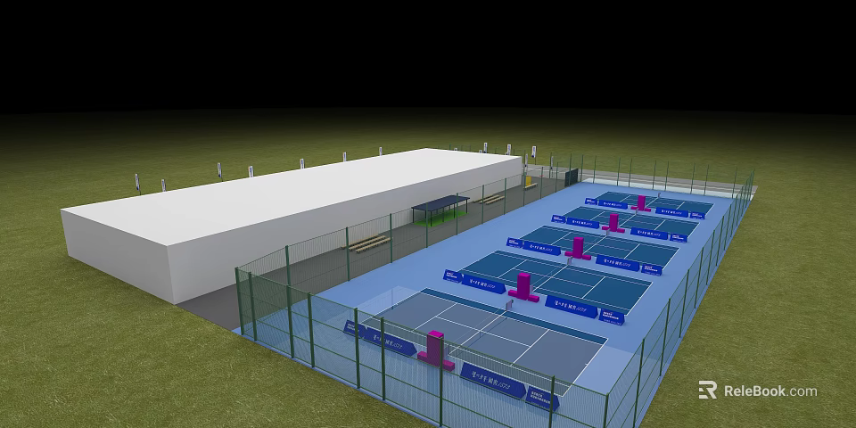 Multiple Blue Sports Courts With Pink Net Posts Green Fencing And White Building 3d model 
