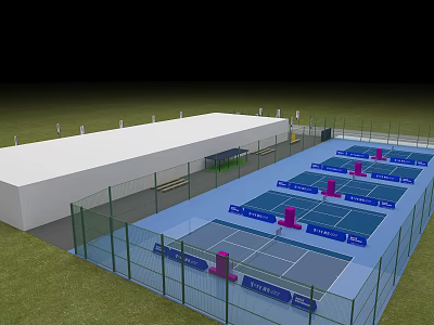 Multiple Blue Sports Courts With Pink Net Posts Green Fencing And White Building 3d model