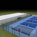 Multiple Blue Sports Courts With Pink Net Posts Green Fencing And White Building