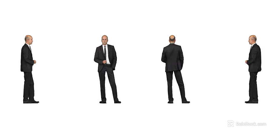 Man In Black Suit Standing Front And Back View With Tie Holding Document 3d model 
