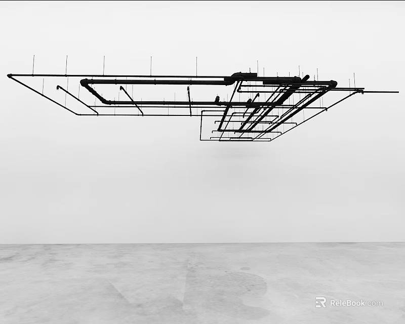 Exposed Black Structural Ceiling Pipes Interconnected System In Industrial Space 3d model 