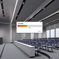 Modern Meeting Room Interior Design With Blue Chairs Podium Large Screen and Windows