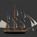 Detailed Sailing Ship Model With White Sails And Yellow Dark Blue Hull