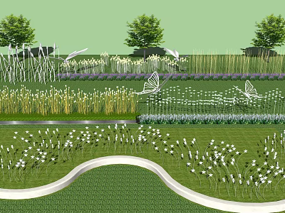 Decorative Outdoor Lights Illuminating Garden With Curved Path And Butterfly Ornaments 3d model