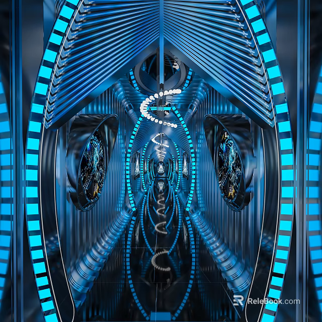 Futuristic Elevator Corridor Interior With Blue Lighting And Metallic Curved Structures 3d model 