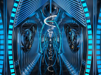 Futuristic Elevator Corridor Interior With Blue Lighting And Metallic Curved Structures 3d model