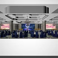 Banquet Hall Interior Design With Blue Chair Covers White Tablecloths Moon Stars Backdrop And Chandelier