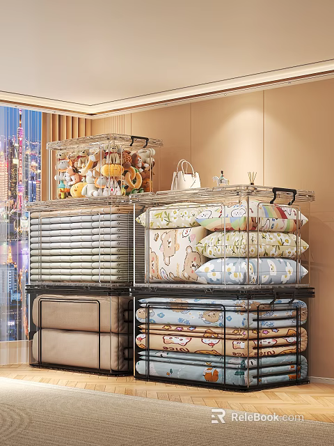 Transparent Storage Boxes Stacked With Stuffed Toys Pillows And Quilts 3d model 
