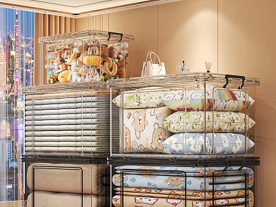 Transparent Storage Boxes Stacked With Stuffed Toys Pillows And Quilts 3d model
