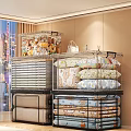 Transparent Storage Boxes Stacked With Stuffed Toys Pillows And Quilts