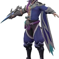 Fantasy Game Character In Blue Purple Outfit With Mechanical Arm