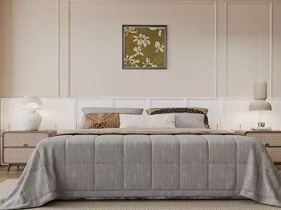 Modern Minimalist Double Bed With Gray Quilt Pillows White Headboard Green Floral Wall Art 3d model