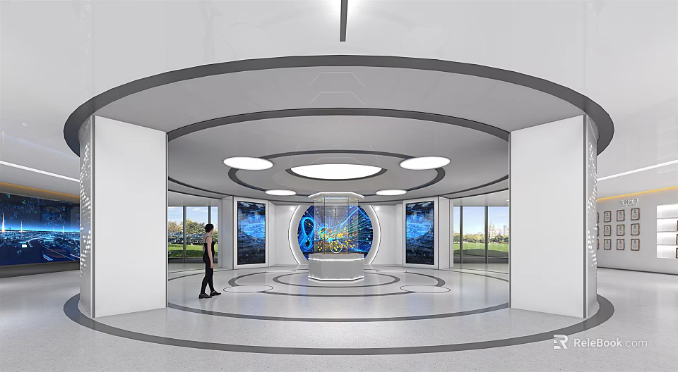 Modern Exhibition Hall Interior With Central Blue Digital Display Circular Lighting And White Floor 3d model 