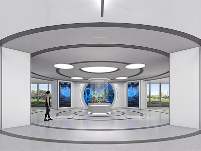 Modern Exhibition Hall Interior With Central Blue Digital Display Circular Lighting And White Floor 3d model