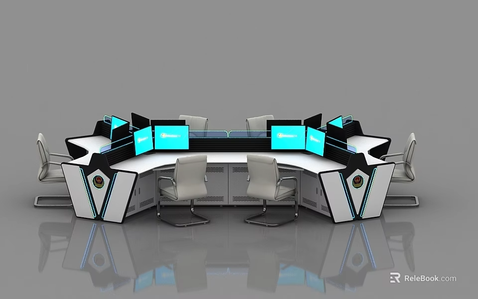 Modern Monitoring Room With Curved Console Multiple Monitors And Office Chairs 3d model 