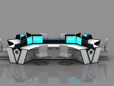 Modern Monitoring Room With Curved Console Multiple Monitors And Office Chairs 3d model