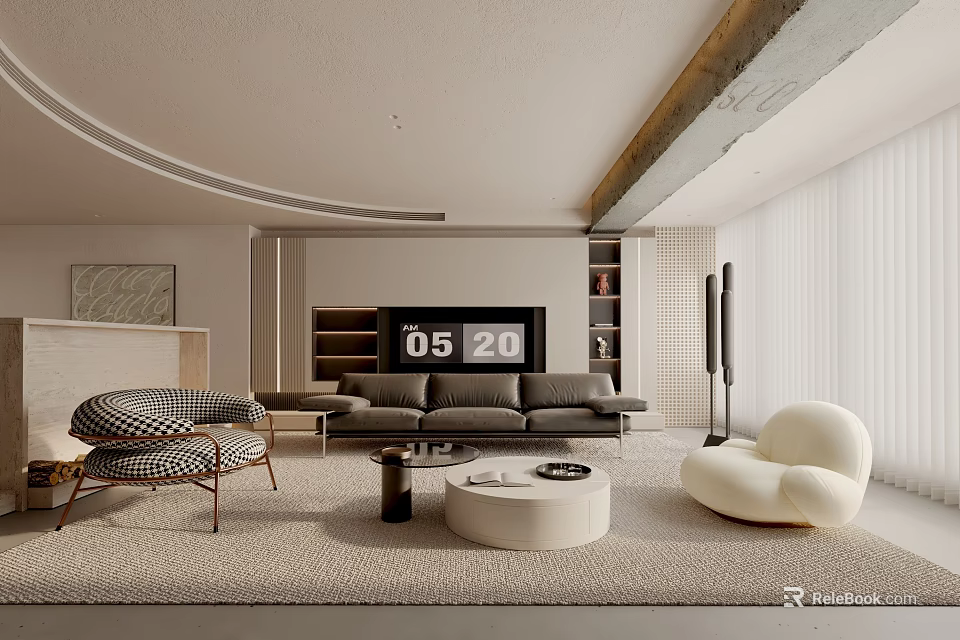Modern Living Room Interior With Gray Sofa TV Patterned Chair And Round Coffee Table 3d model 