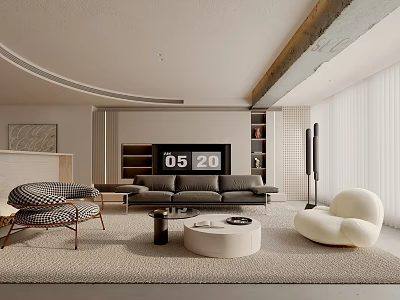 Modern Living Room Interior With Gray Sofa TV Patterned Chair And Round Coffee Table 3d model