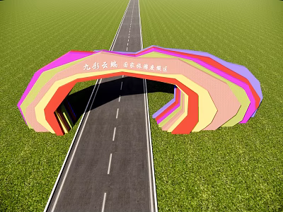 Multicolored Arched Entrance Gate with Rainbow Design and Green Fields Along Long Road 3d model