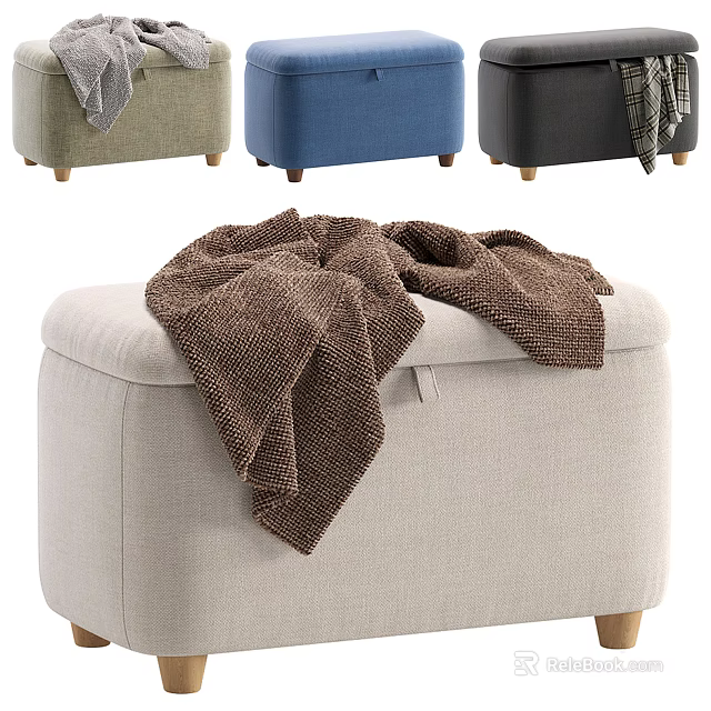 Stylish Multicolor Fabric Ottoman With Wooden Legs And Cozy Brown Blanket For Home Decor 3d model 