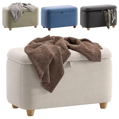 Stylish Multicolor Fabric Ottoman With Wooden Legs And Cozy Brown Blanket For Home Decor 3d model