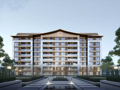 Modern Residential Building With Traditional Roof Design Multiple Floors Large Windows and Landscaped Garden 3d model