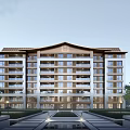 Modern Residential Building With Traditional Roof Design Multiple Floors Large Windows and Landscaped Garden