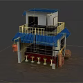 Cartoon Scene of Japanese Ramen Shop with Blue Roof White Building and Red Gas Cylinder