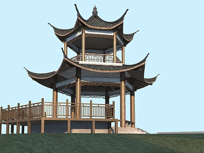 Chinese Traditional Multi Tiered Pavilion With Curved Eaves And Wooden Railings On Grassy Ground 3d model