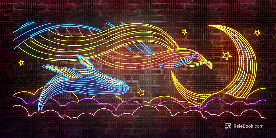 Colorful Neon Decorative Lights on Brick Wall with Whale Wave Moon Stars and Cloud Patterns 3d model 