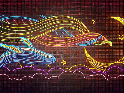 Colorful Neon Decorative Lights on Brick Wall with Whale Wave Moon Stars and Cloud Patterns 3d model