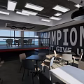 Modern Champions Themed Restaurant Interior With White Tables Gray Chairs Booth Seats And Ceiling Lights