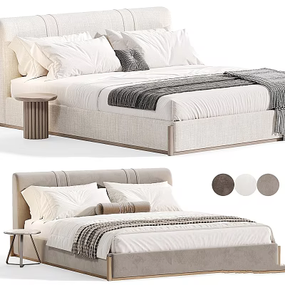 Modern Linen Bed With White Pillows Gray Cushions Striped Blanket And Neutral Color Options 3d model
