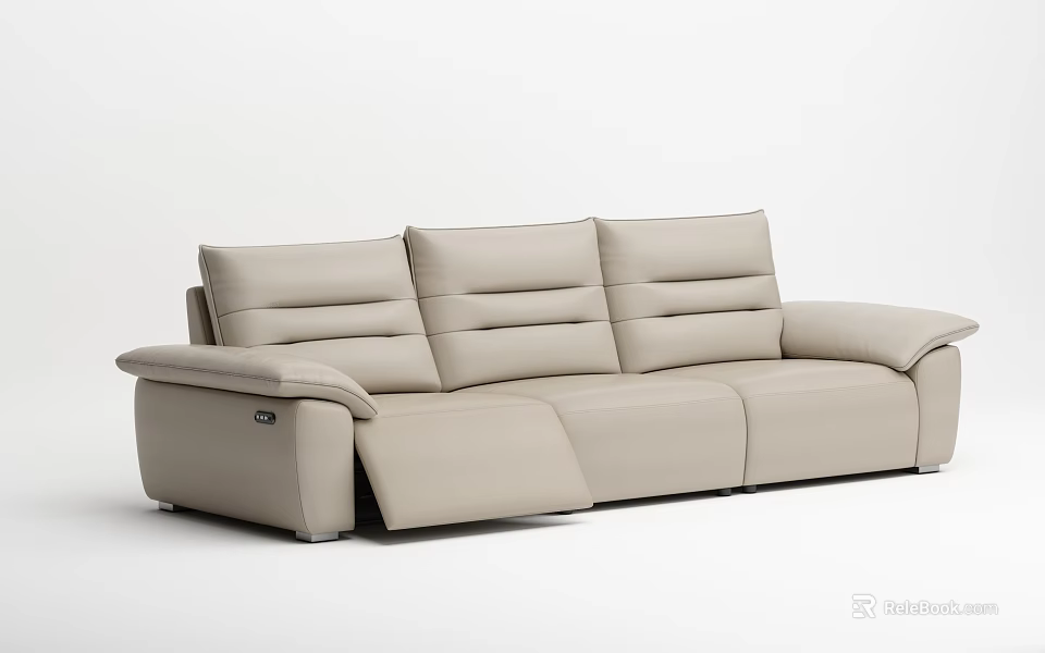 Beige Leather Three Seater Sofa With Modern Reclining Design And Comfortable Backrest 3d model 