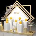 Golden Geometric Frame Exhibition Setup With LOGO White Pedestals Yellow Egg Decor And Floral Arrangements