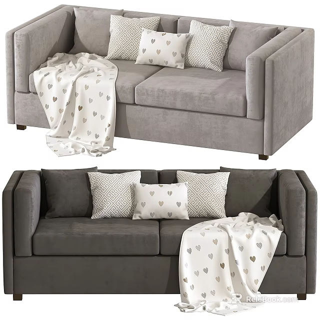 Light and Dark Gray Two-Seater Sofas with Decorative Pillows and Heart-Patterned Blanket 3d model